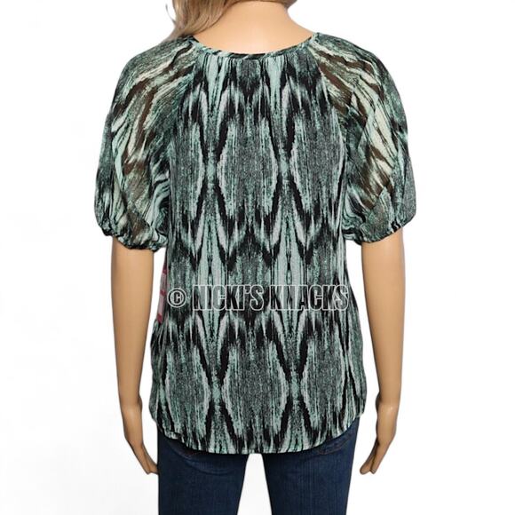 Vince Camuto Abstract Print Puff Short Sleeve Top in Rich Black & Green Size XS - Picture 6 of 11